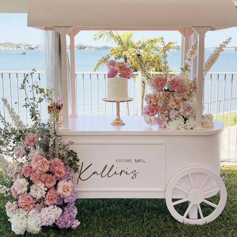 Wooden Candy Cart With Wheels For Parties Event Backdrop Cart Wedding Roda Gerobak, Wedding Candy Cart, Candy Car, Sweet Carts, Idee Babyshower, Cart With Wheels, Ice Cream Cart, Decorative Stand, Candy Cart