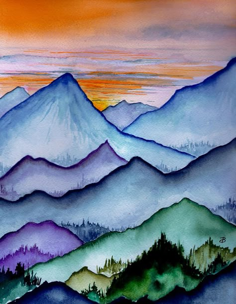 Tattoo Mountain, Mountain Watercolor, Mountains Painting, Watercolor Fine Art, Mountain Drawing, Misty Mountains, Paint Projects, Watercolor Mountains, Flower Paintings