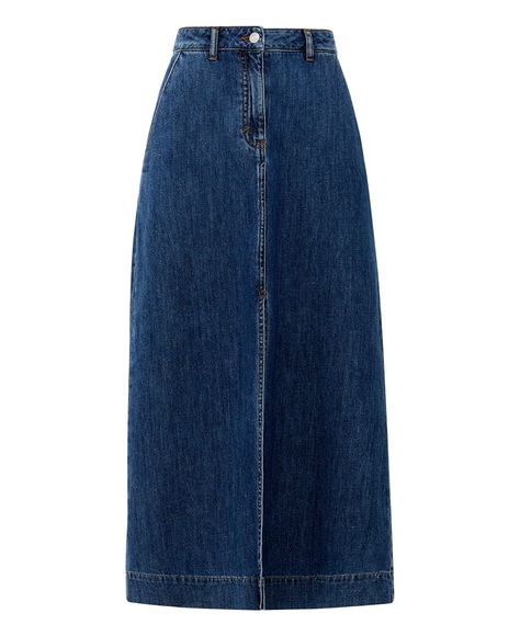 90s Fashion Denim Skirt, Long Skirts Denim, Shoujo Clothes, Blue Jean Skirt Outfits, Long Jean Skirt Outfits, Retro Outfits 90s, Blue Long Skirt, Long Jeans Skirt, Dark Blue Skirt