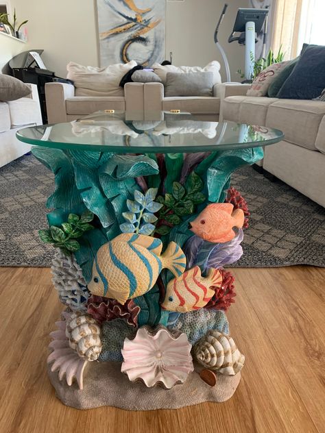 Beautiful reef  with seaweed, fish and seashells on two sides.  Dimensions: 18 in Diameter X 20 in H. Sea Inspired Furniture, Theme Bedrooms, Home Decor Blue, Aquatic Interior Design, Ocean Theme House, Mermaid Living Room, Seashell House, Ocean Theme Bedroom, Beach Themed Bathroom