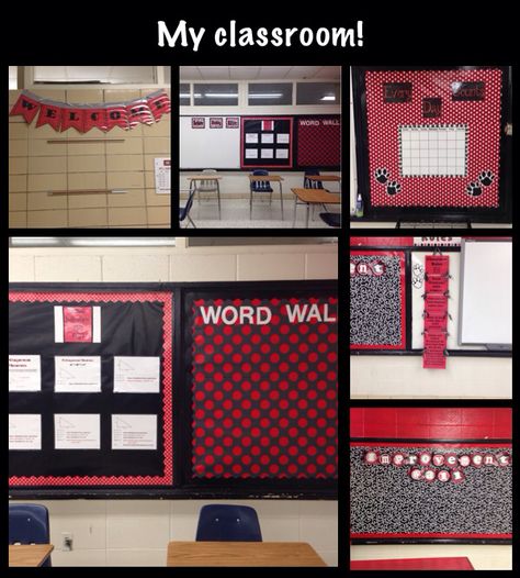 Red and black classroom!! Red And Black Classroom, Black Classroom Decor, Red Classroom Theme, Greenville Tennessee, Black Classroom, Red Classroom, School Office Decor, Math Classroom Decorations, Study Hall