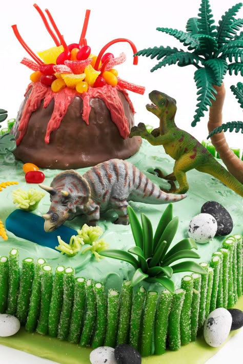 Die liebevoll dekorierte Dinosaurier-Torte aus Schokoladenkuchen ist ein Geburtstagshit Dino Cake, Lovely Cake, Dinosaur Birthday Cakes, Dinosaur Themed Birthday Party, Homemade Birthday Cakes, 3rd Birthday Cakes, Dinosaur Cake, Dino Birthday, Themed Birthday Cakes