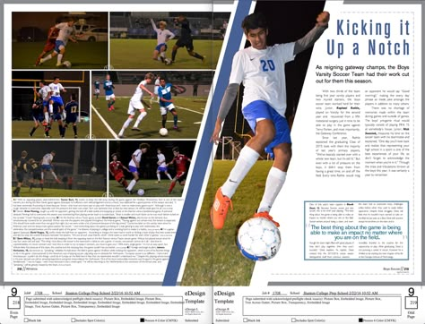 Varsity Soccer Page. #yearbook #layout #design #yearbooktheme #sportspage #soccerpage #yearbooksports Soccer Yearbook, Yearbook Headlines, Yearbook Sports Spreads, Yearbook Page Ideas, Yearbook Mods, Magazine Examples, Teaching Yearbook, Yearbook Spreads, Yearbook Layouts