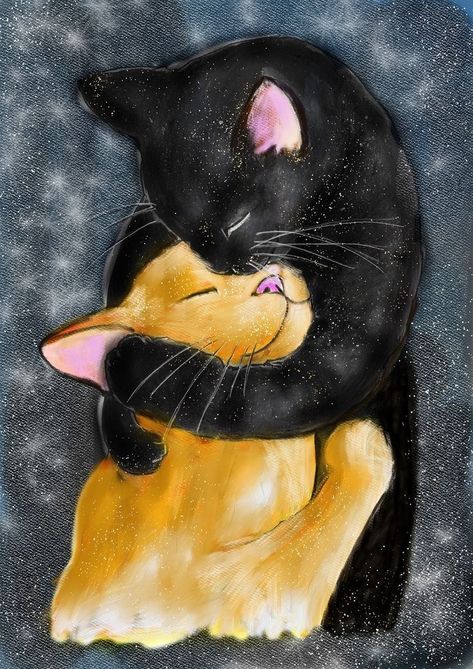 Black And Orange Cat, Hugging Cats, Wallpaper Gatos, Cats Black, Cat Hug, Love Cat, Animal Illustrations, Two Cats, Cat Art Print