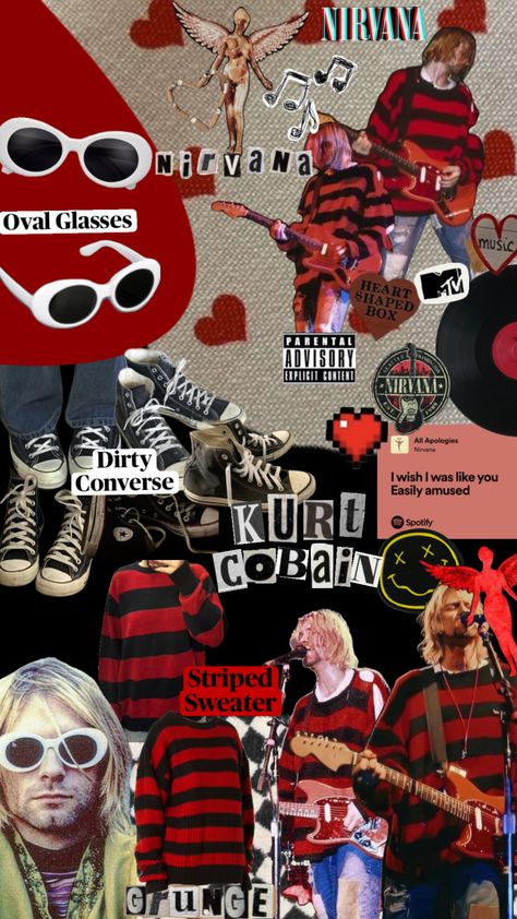 kurt cobain halloween costume / mood board #kurt #cobain #kurtcobain #nirvana #inutero #utero #band #halloween #costume #halloweencostume #nirvanainutero #kurtnirvana Music Heart, Oval Glasses, Parental Advisory Explicit Content, Kurt Cobain, Nirvana, Stripe Sweater, Halloween Costume, Mood Board, Halloween Costumes