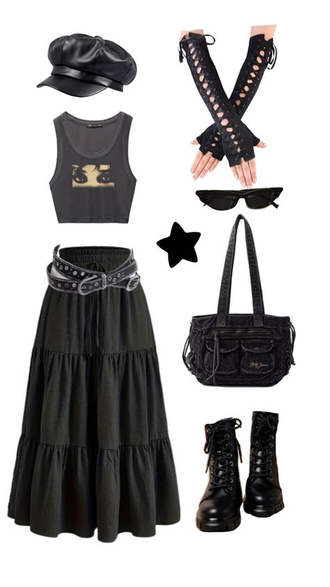 Black maxi skirt with 3 lines of ruffles, black crop top with a woman’s eyes on it, black studded belt with silver accessories, black hat, slim, black cat eye sunglasses, black shoulder bag with various pockets, black combat boots with laces. Maxi Skirt Outfit Grunge, Black Maxi Skirt Outfit, Crop Top And Maxi Skirt, Maxi Skirt Outfit, Outfit Grunge, Black Maxi Skirt, Little Outfits, Grunge Goth, Skirt Outfit