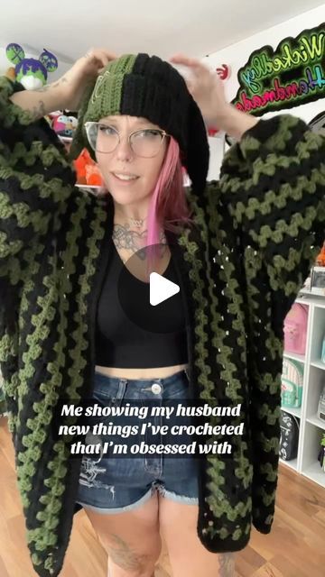 Andrea Williams on Instagram: "And then I play a game of “BUT I WANT TO KEEP THIS ONE”. Every. Single. Time. 🖤😂 Granny Hexagon Cardi - check our YouTube for a how to start tips & tricks video Bunny Beanie - pattern by @hookercorner with slight mods #crochet #smallbusiness #wickedlyhandmade #fiberart #cardigan #crochetcardigan #crochetsweater #slowfashion #cottagecore #handmadeclothing #sustainablefashion #festivalfashion #fairycore #grunge #goblincore #bunnybeanue #healing #vibes #boho #hippie #70sfashion #wildoleanderhoodedscarf #neon" Crochet Fairycore, Bunny Beanie, Granny Hexagon, Healing Vibes, Fairycore Grunge, Goblin Core, 70’s Fashion, Play A Game, Hooded Scarf