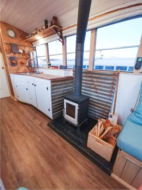 Kimberly Wood Stove, Rv Wood Stove, Stove Surround, Skoolie Ideas, Small Wood Burning Stove, Tiny Wood Stove, Small Wood Stove, Camper Design, Van Tour