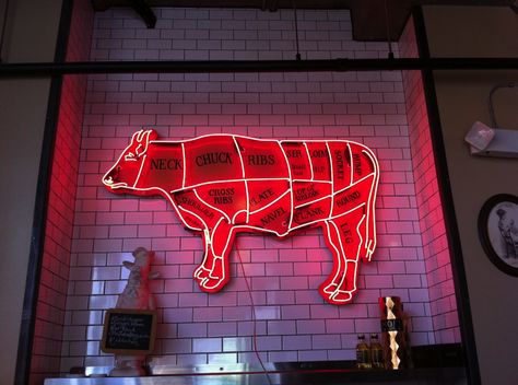 Steakhouse Restaurant Design, Steakhouse Design, Neon Studio, Resturant Design, Meat Store, Grocery Store Design, Neon Bedroom, Retail Store Interior Design, Lite Brite