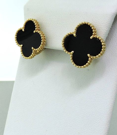 Large size Van Cleef & Arpels 18k gold earrings from Vintage Alhambra collection, featuring onyx clover motifs. Earrings are 20.5mm x 20.5mm. Marked VCA, G750, JB054547. Weight - 11.2g, Comes with VCA pouch. Black Van Cleef Earrings, Van Cleef Earrings, Vca Earrings, Gold Vans, Bee Ring, Van Cleef And Arpels, 18k Gold Earrings, Black Stud, Clover Earrings