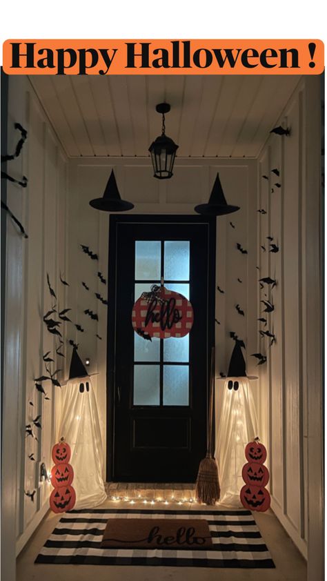 Halloween Ghosts Front Porch! Halloween Apartment Decor Front Doors, Simple Halloween Front Porch, Fall Decor Above Kitchen Cabinets, Fall Decor Hobby Lobby, Outdoor Fall Decor Diy, Apartment Fall Decor, Fall Decor Aesthetic, Halloween Entryway Decor, Target Fall Decor