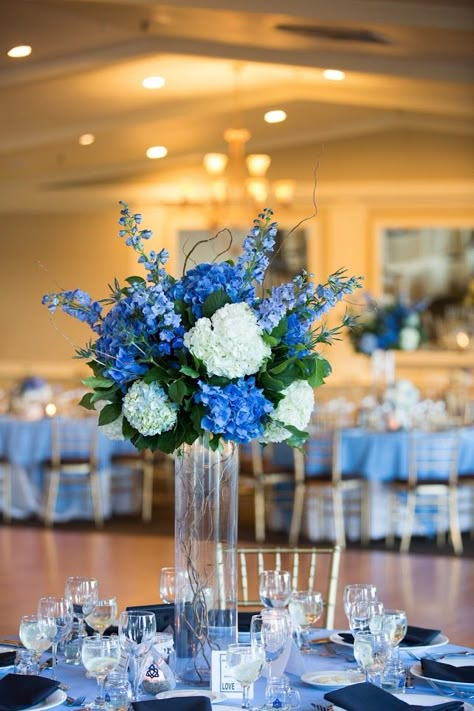 Blue Flowers Party Decor, Sweet 16 Centerpieces Flowers, Wedding Flowers Garden Style, Cinderella Flower Centerpieces, Navy Flower Centerpieces, Royal Blue Flowers Wedding, Flower Table Centerpieces Wedding, Blue Flower Centerpieces Diy, 50 Shades Of Blue Wedding Ideas