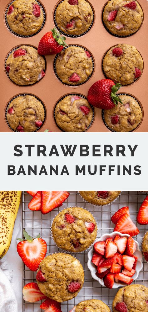 These Strawberry Banana Muffins are a deliciously healthy breakfast or snack where each bite is a burst of fruity flavor! Packed with whole grains and juicy strawberries that add a tart, sweet, jammy contrast to the creamy richness of the banana bread muffin batter. #strawberrybananamuffins #muffinrecipes Strawberry Muffins Healthy, Strawberry Banana Muffins, Healthiest Nut Butter, Banana Muffins Easy, Simple Muffin Recipe, Strawberry Muffins, Banana Muffin Recipe, Banana Bread Muffins, Healthy Strawberry