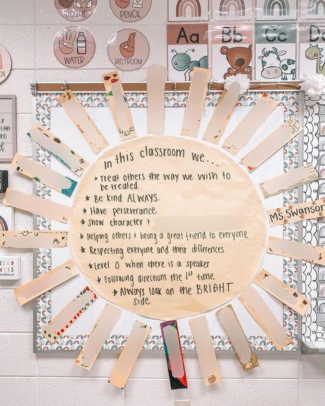 Lauren 👋🏽 LoLo Loves Learning on Instagram: “✨Classroom Expectations Sun✨ It turned out so large (LOL) and adorable! ☀️💛” Class Contract, Teacher Vision Board, Childhood Activities, Teaching Classroom Decor, Elementary Classroom Themes, Themed Classroom Decor, Calm Classroom, Classroom Goals, Classroom Bulletin Board