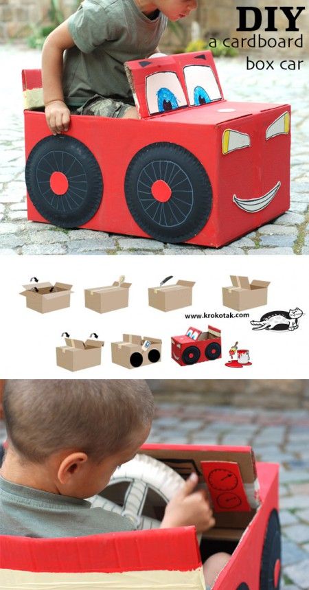 DIY Cardboard Box Car Cardboard Box Car, Cardboard Car, Cardboard Box Crafts, Cardboard Toys, Skirt Diy, Cars Theme Birthday Party, Craft Things, Cars Birthday Parties, Kraf Diy