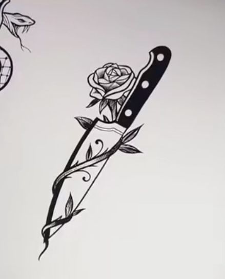 Knife Draw Sketches, Cute Knife Tattoo, Knife Doodle, Rose Pencil Sketch, Knife Drawings, Rose Knife, Knife And Rose Tattoo, Tatoo Rose, Chrome Font