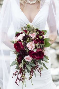 This bouquet is classic and incorporates small pops of pale pink and muted green along with marsala. | via Melanie Bennett Photography Marsala Wedding Bouquet, Wedding Colors Red, Peony Bouquet Wedding, Marsala Wedding, Red Bouquet Wedding, Bridal Bouquet Fall, Rustic Wedding Inspiration, Rocky Mountain Wedding, Fall Wedding Bouquets