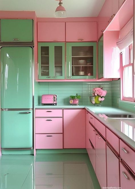 70 Charming Retro Pink Kitchen Ideas for a Stylish Makeover 88 Unique Kitchen Island Ideas, Colorful Appliances, Complete The Heart, Unique Kitchen Island, Pink Utensils, Pink Kitchen Designs, Retro Pink Kitchens, Pink Kitchen Ideas, Kitchen Pop