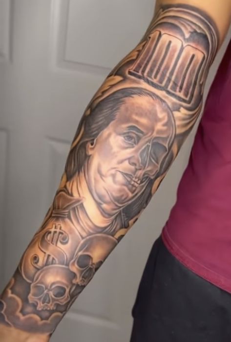 Inside Sleeve Tattoo, Hood Sleeve Tattoo, Road 2 Riches Tattoo, Risk Taker Tattoo Men, Trap Tattoos Men Shoulder, Trap Tattoos Men Forearm, Money Tattoo Ideas For Men, Gta Tattoo Ideas, Money Sleeve Tattoos