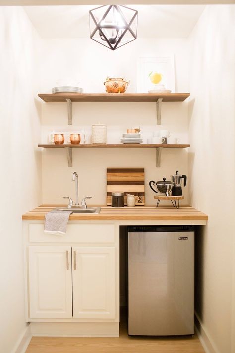 Open Shelving Kitchenette, Tiny Kitchennete, Small Studio Kitchen Ideas Kitchenettes, Small Kitchennete, Small Space Kitchenette, Kitchenette Ideas Office, Office Kitchenette Ideas Small Spaces, Closet Into Kitchenette, Kitchen In A Closet