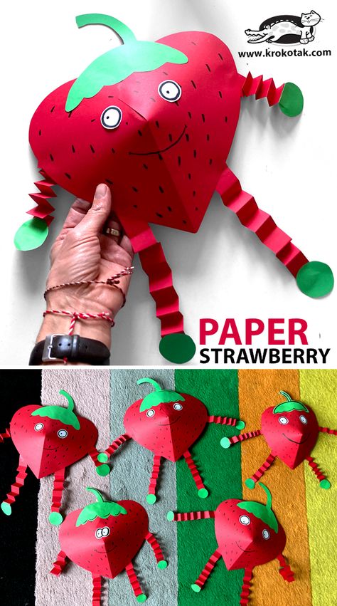 krokotak | PAPER STRAWBERRY Paper Strawberry, Fruit Art Kids, Strawberry Crafts, Vegetable Crafts, Beautiful Paper Flowers, Flower Crafts Kids, Paper Fruit, Fruit Crafts, Strawberry Festival