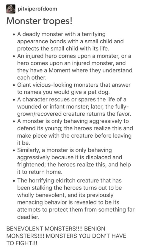 Draw A Monster Why Is It A Monster, Monster X Human Couple, Monster Human Couple, Training Writing Prompts, Platonic Tropes, Writing A Monster, Monster X Human Writing Prompts, Best Tropes In Books, Story Tropes List