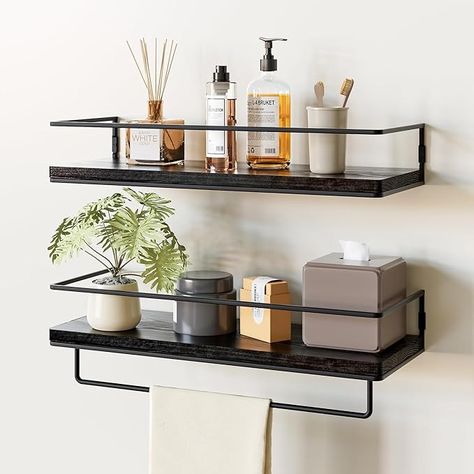 Amazon.com: ZGO Floating Shelves for Wall Set of 2, Wall Mounted Storage Shelves with Black Metal Frame and Towel Rack for Bathroom, Bedroom, Living Room, Kitchen, Office (Black) : Home & Kitchen Bathroom Decor Storage, Wood Wall Shelves, Pine Wood Walls, Wall Mounted Storage Shelves, Rustic Wall Shelves, Shelves For Wall, Bathroom Shelf Decor, Wall Mounted Bookshelves, Rustic Floating Shelves