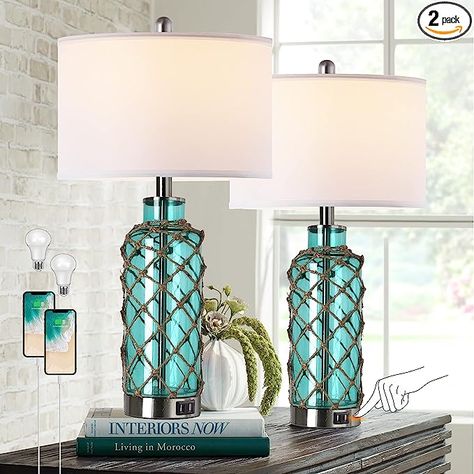 Bedside Lamps With Usb Port, Teal Lamp, Glass Bedside Lamps, Bedside Lamps With Usb, Bottle Table Lamps, Blue Nightstands, Clear Glass Lamps, Blue Glass Bottles, Nightstand Lamp