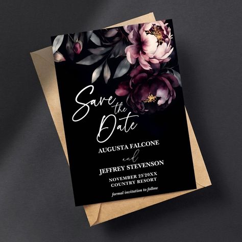 Dark moody noir elegant gothic all in one wedding editable template invitation instant digital download, black burgundy peonies on dark background Moody Invitations, Burgundy Peonies, Dark Romantic Wedding, Gothic Wedding Invitations, Alt Wedding, Moody Vibes, Black And White Wedding Theme, Renewal Wedding, Classy Makeup