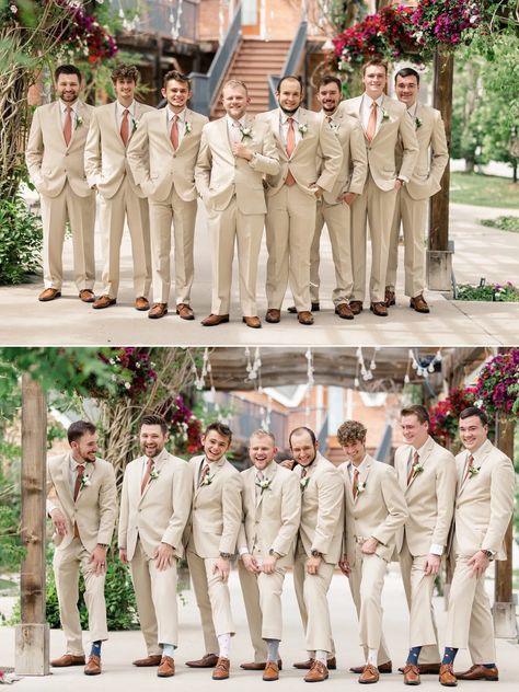 Groom and groomsmen in tan suits at Brookside Gardens Event Center Tan Suit Winter Wedding, Tan Suits For Groomsmen, Garden Party Groom Suit, Groomsman Tan Suits, Tan Suit Wedding Groomsmen, Tan Tux Wedding, Groomsmen Attire Tan, Groomsmen Tan Suits, Tan Suit Groomsmen