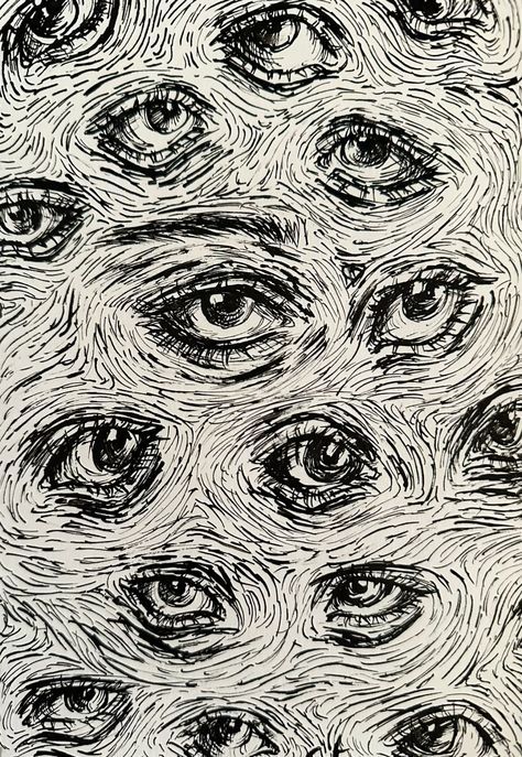 Eye Background Art, Wall Of Eyes Drawing, Eyes Surrounding Person Drawing, Ink Eye Drawing, Staring Eyes Drawing, Negative Space Skeleton, Low Eyes Drawing, Unreal Drawings, Multiple Eyes Drawing