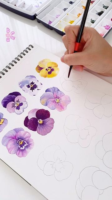 Watercolour Pansies, Pastel Flowers Painting, Pansy Drawing, Water Coloring Ideas, Pansy Watercolor, Pansy Art, Watercolor House Painting, A Level Art Sketchbook, Drawing Flowers