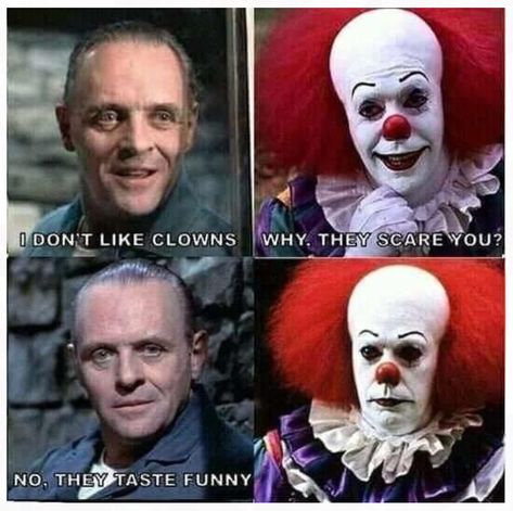 “I don’t like clowns... they taste funny.”  Nice twist on this old joke with the “Silence of the Lambs” and “It” mashup! 🤣 Halloween Meme, Cooking Humor, Horror Movies Funny, Halloween Memes, Dark Jokes, Funny Horror, Movie Memes, Horror Movie Art, Dark Memes