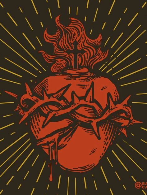 Baritus Catholic, Scared Heart, Teen Idle, Sacred Heart Art, Heart Drawing, Heart Of Jesus, Catholic Art, Anime Tattoos, Fire Heart