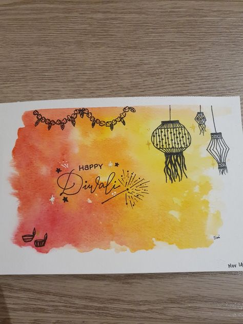 Happy Diwali watercolor card Diwali Homework Front Page Decoration English, Diwali Handmade Cards, Diwali Watercolor, Diwali Doodle, Happy Diwali Drawings, Diwali Cards Handmade Creative, Diwali Wishes Card, Diwali Card Ideas, Diwali Poster For School