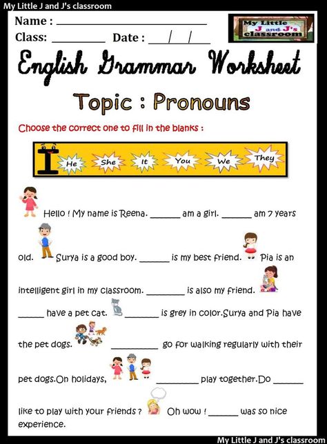 printable English pronoun worksheet -my story : Write the suitable pronouns to fill in the blanks Pronoun Worksheet, English Pronouns, English Grammar Worksheets, English Lessons For Kids, Grammar Worksheets, English Lessons, English Grammar, Grammar, I Am Awesome