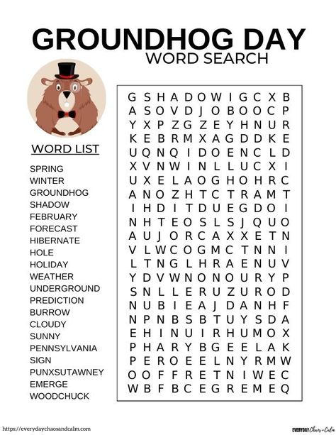 Free Groundhog Day Printables Kids, Free Groundhog Day Activities, Groundhog Day Printables Free, Ground Hogs Day Activities, Groundhog Printable, February Word Search, Groundhogs Day Activities, Groundhog Day Worksheets, Groundhog Day Printables