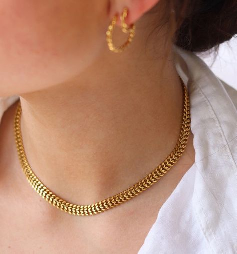 Gold plated Stainless steel  17 inch + 1.7 inch Girls Gold Chain Design, Girls Gold Chain, Woven Choker, Gold Coin Jewelry, Choker Necklace Designs, Thick Chain Necklace, Woven Necklace, Chain Women, Dope Jewelry