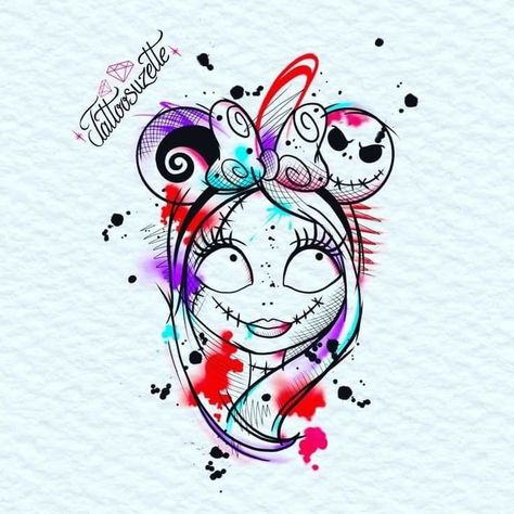 Sally Tattoo Tim Burton, Nightmare Before Christmas Tattoo Ideas, Nightmare Before Christmas Tattoos, Watercolor Tattoo Design, Illusion Tattoo, Cartoon Tattoo Ideas, Tim Burton Tattoo, Chest Tattoo Ideas, Optical Illusion Tattoos