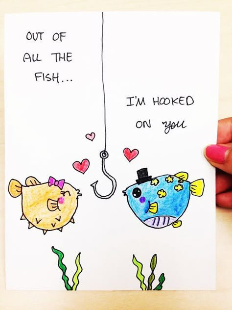 Valentines Bricolage, Cute Valentines Card, Punny Cards, Funny Love Cards, Drawings For Boyfriend, Anniversary Cards For Husband, Funniest Valentines Cards, Fishing Cards, Funny Anniversary Cards