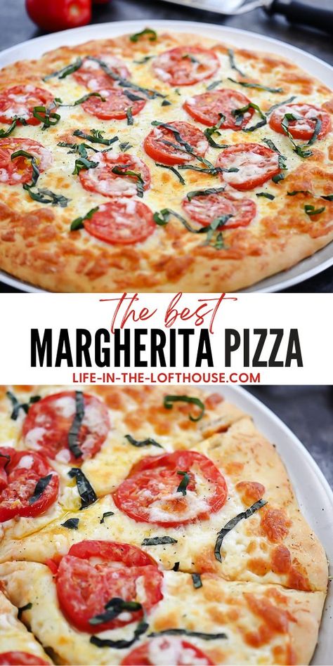 Margherita Pizza is one of the most classic and honored Italian recipes. Homemade pizza dough is topped with olive oil, fresh garlic, mozzarella cheese, tomatoes, and basil. Margherita Pizza Recipe, Basil Pizza, Pizza Life, Margarita Pizza, Resepi Biskut, Pizza Calzones, Pizza Ideas, Making Homemade Pizza, Homemade Dough