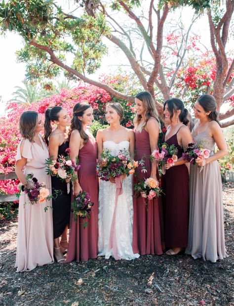 Sangria Wedding Colors, Berry Bridesmaid Dresses, Elevated Garden, Mauve Bridesmaid, Berry Wedding, Purple Bridesmaid, Mauve Wedding, Mismatched Bridesmaids, Greenhouse Wedding