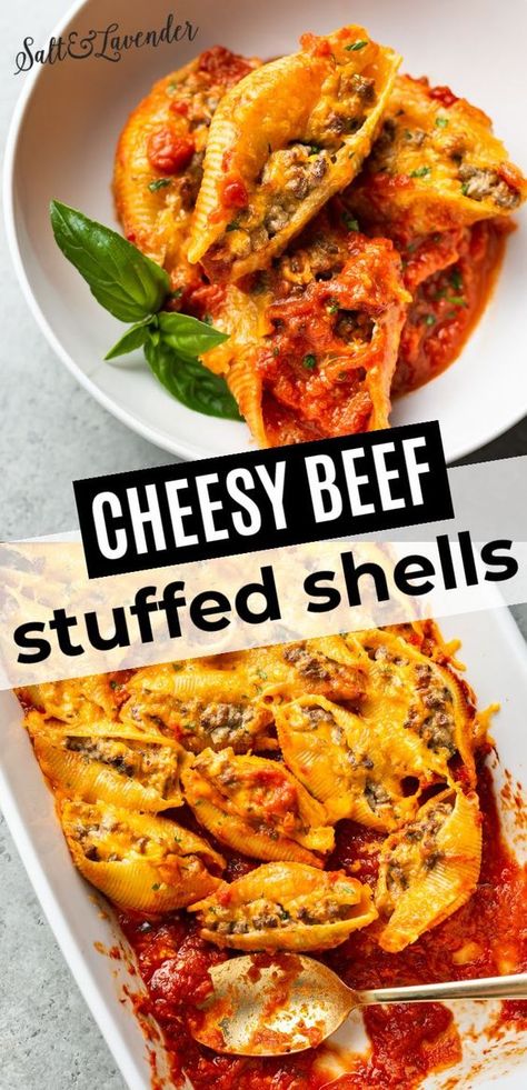 Pasta Shells With Ground Beef, Beef Stuffed Shells, Shells With Ground Beef, Big Shells, Jumbo Shell Recipes, Baked Stuffed Shells, Baked Pasta Recipe, Shell Pasta Recipes, Manicotti Recipe