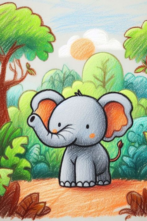 Elephant Drawing Ideas, Elephant Drawing For Kids, Drawing Of An Elephant, Drawing Ideas For Kids, Elephant Cute, Crayon Drawing, Crayon Drawings, Elephant Drawing, Wax Painting