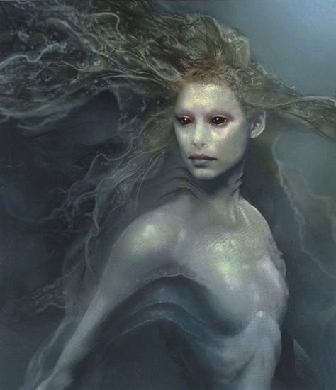 "To those huntresses who remember to reach back for those less fortunate--and water-wraiths who swim very,very fast." Sea Witch Tattoo, Water Wraith, Caribbean Mermaid, Deep Sea Art, Mermaid Concept Art, Alien Mermaid, Elden Ring Character, Mermaid Concept, Alys Rivers