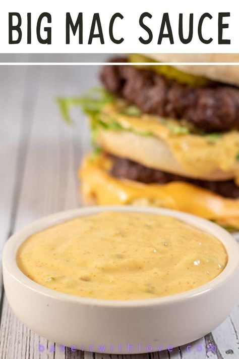 This Big Mac sauce copycat recipe is a deliciously tangy and creamy condiment to spread on burgers, fries, salads, and more! With a handful of everyday pantry items and 5 minutes of prep time, you'll have a tasty sauce that is better than any drive-thru. It's effortless to make, yet full of flavor! BakeItWithLove.com #bakeitwithlove #BigMac #sauce #condiment #copycat #McDonalds Bigmac Sauce, Hamburger Helper Beef Stroganoff, Big Mac Sauce Recipe Copycat, Copycat Mcdonalds, Mcdonald's Big Mac, Homemade Big Mac Sauce, Big Mac Sauce Recipe, Mac Sauce Recipe, Homemade Big Mac