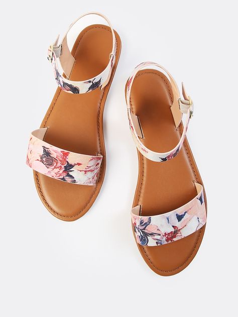 Single Band Floral Print Sandals BLUSH MULTI -SHEIN(SHEINSIDE) Womens Wide Shoes, Cheap Womens Shoes, Pretty Sandals, Womens Black Booties, Floral Sandals, Comfy Sandals, Sandals Outfit, Womens Golf Shoes, Womens Summer Shoes