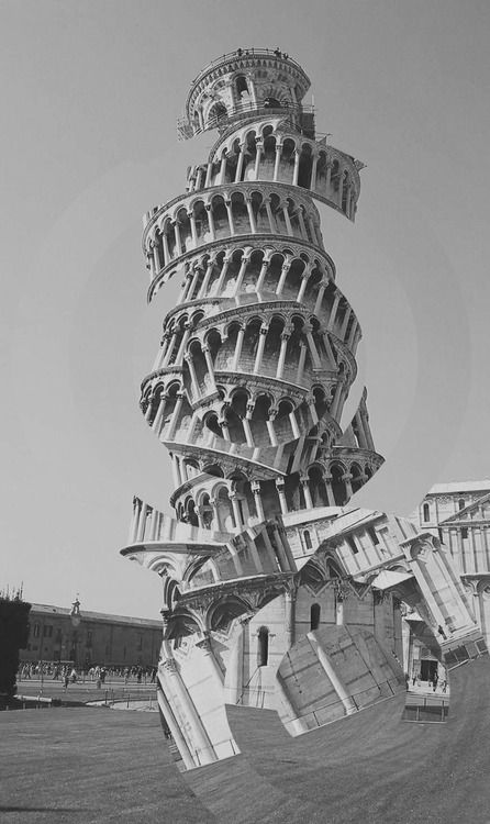 Collage Tour de Pise (Italie) Distortion Architecture, Deconstruction Art, Structuralism, Tower Falling, Architecture Collage, Gcse Art, A Level Art, White Photo, Cubism