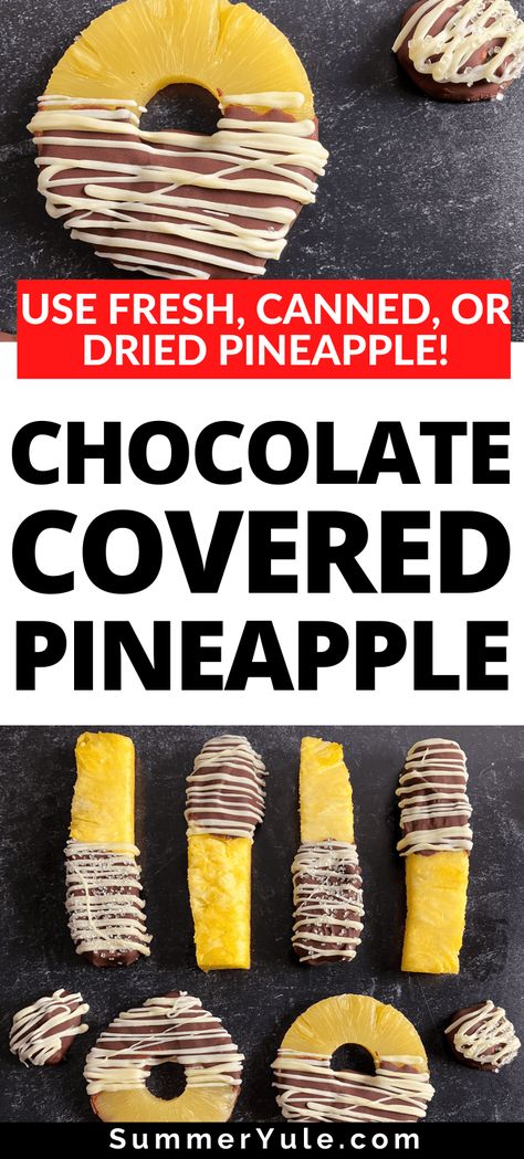 Get the best Chocolate Covered Pineapple Recipes! Enjoy juicy pineapple with dark chocolate, semi-sweet chocolate, milk chocolate, white chocolate, or a combination. Three simple ingredients are all you need to make pineapple with chocolate that rivals Edible Arrangements. You can make pineapple dipped chocolate using fresh pineapple, canned pineapple rings, or dried pineapple. The dried pineapple version tastes like pineapple chocolate candies! White Chocolate Pineapple Slices, Dipped Pineapple Slices, Chocolate Dipped Pineapple Slices, Chocolate Covered Pineapple Chunks, Chocolate Covered Pineapple Rings, Chocolate Covered Pineapple Slices, Chocolate Covered Pickles, Candied Pineapple Slices, Chocolate Dipped Pineapple