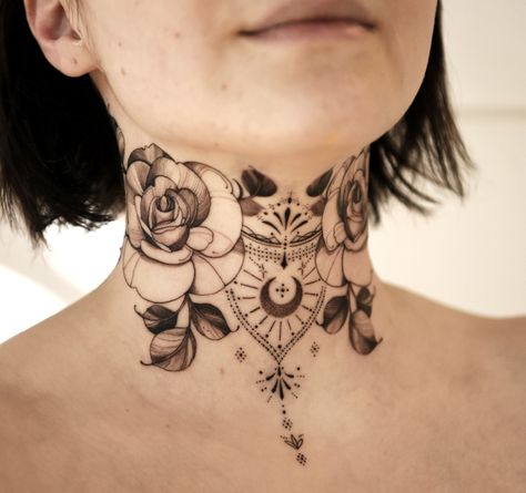 60 Best Ideas Of Throat Tattoos That Will Blow Your Mind [Men & Women] - Mandala Neck Tattoo For Women, Female Throat Tattoo, Female Throat Tattoo Ideas, Geometric Throat Tattoo, Throat Tattoo Ideas, Trending Tattoo Designs, Throat Tattoos, Front Neck Tattoo, Butterfly Neck Tattoo